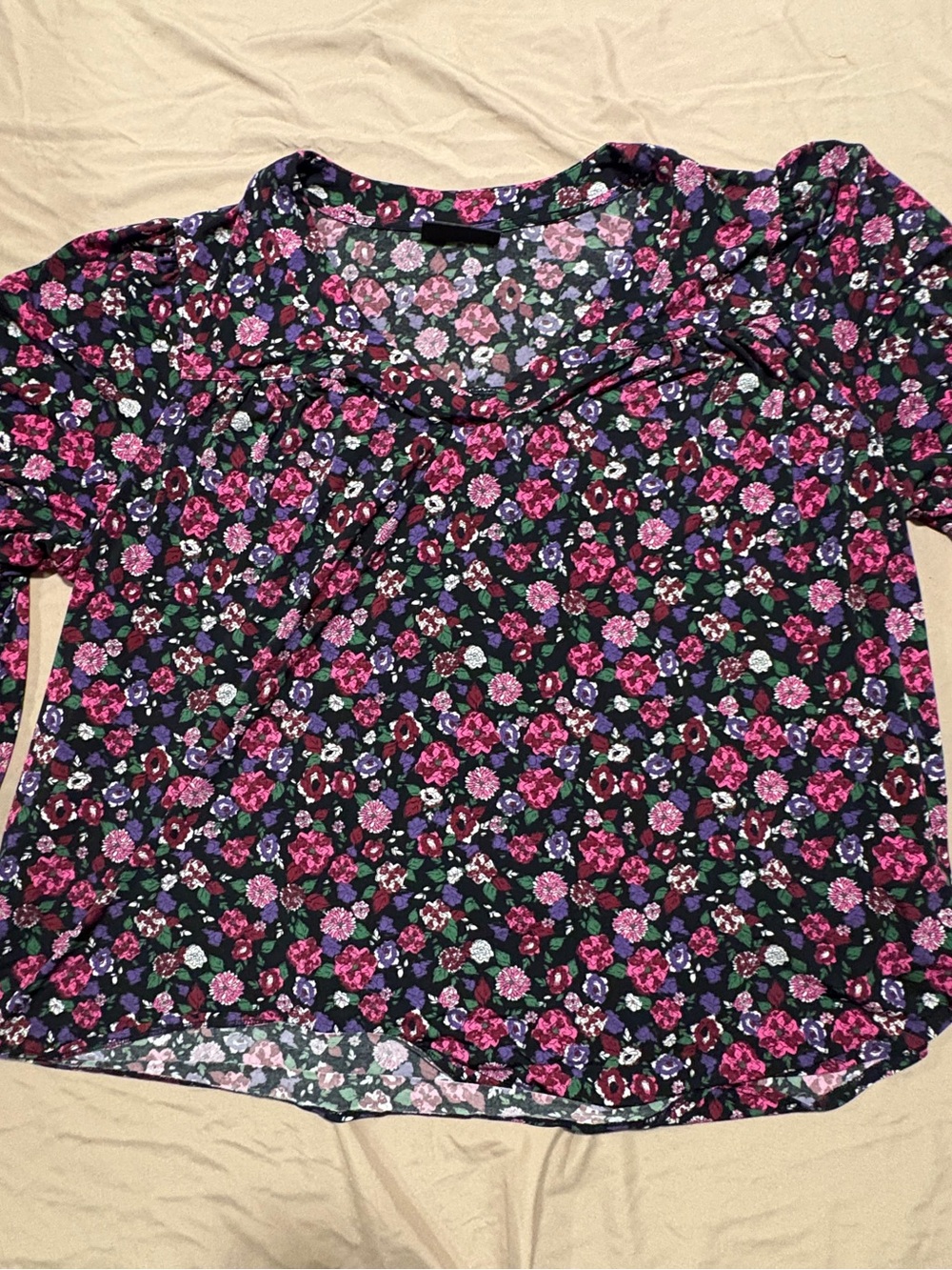 Lane Bryant Black Scoop Neck Top with Pink and Purple Floral Print